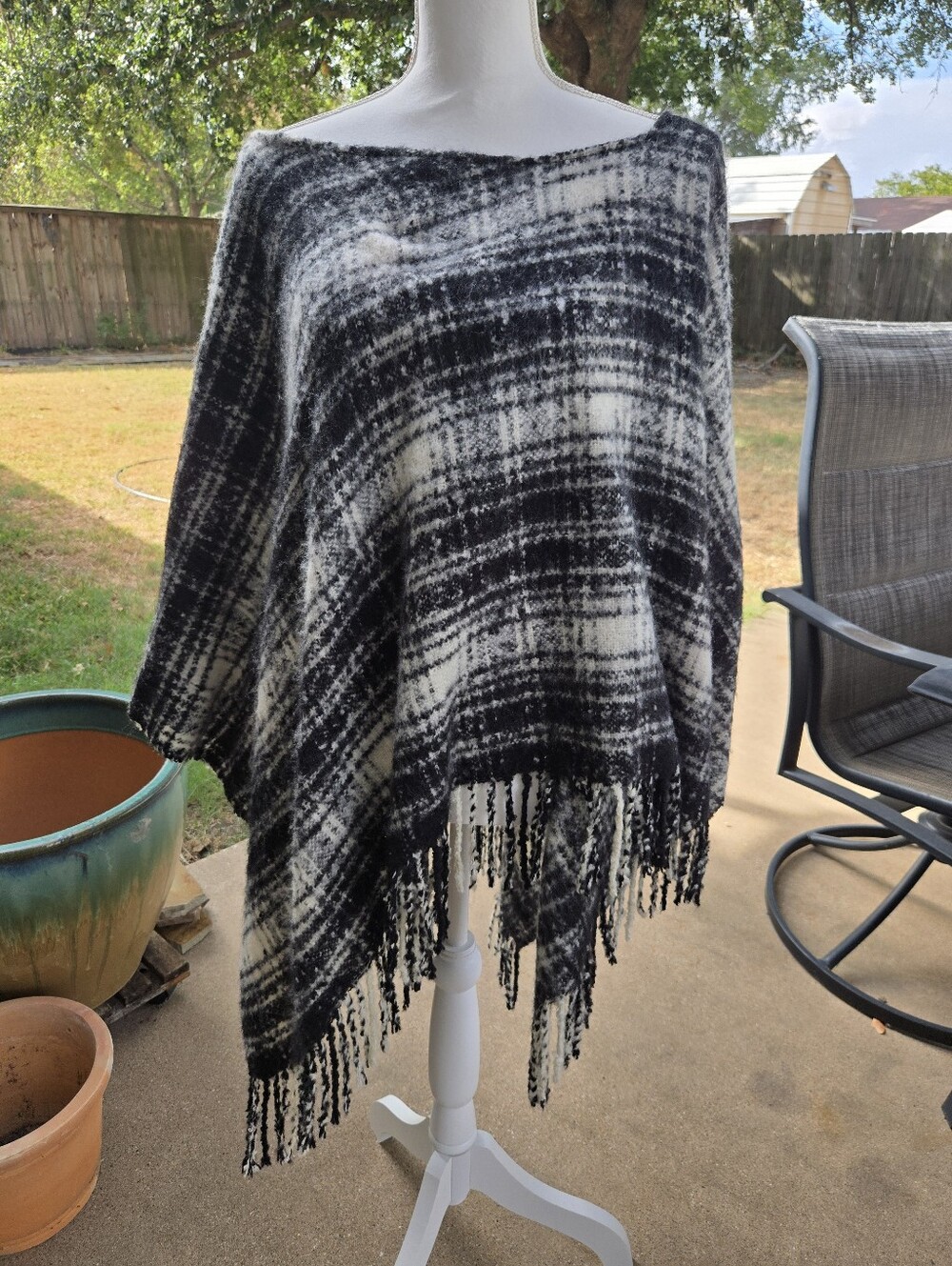 Ralph Lauren Black & White Plaid Fringe Throw Poncho